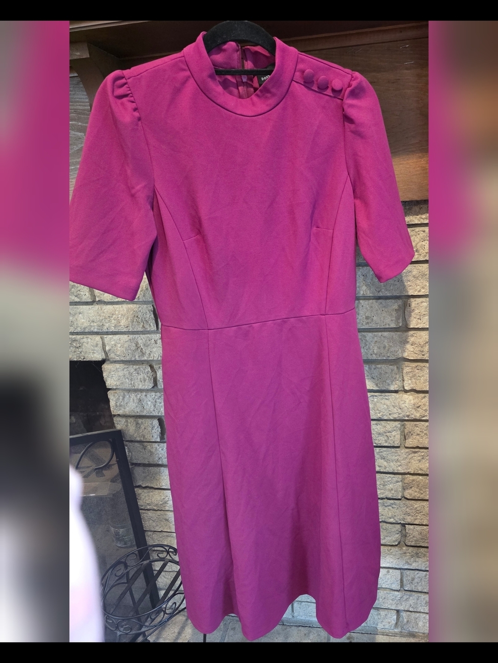Donna Morgan Fuchsia Midi Sheath Dress with Button-Trim Shoulder - Picture 3 of 7